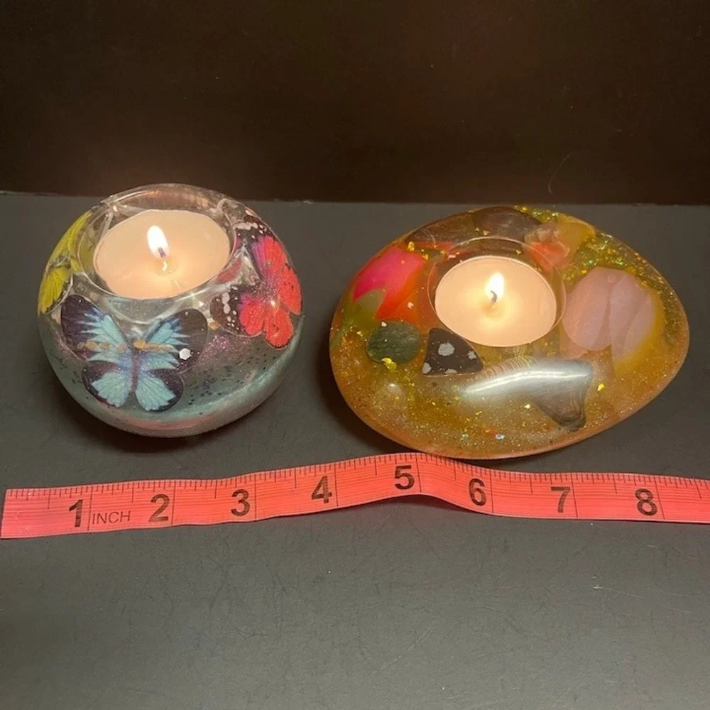 Two Handcrafted Tea Light Candle Holders‎ Butterflies Flowers Shells
